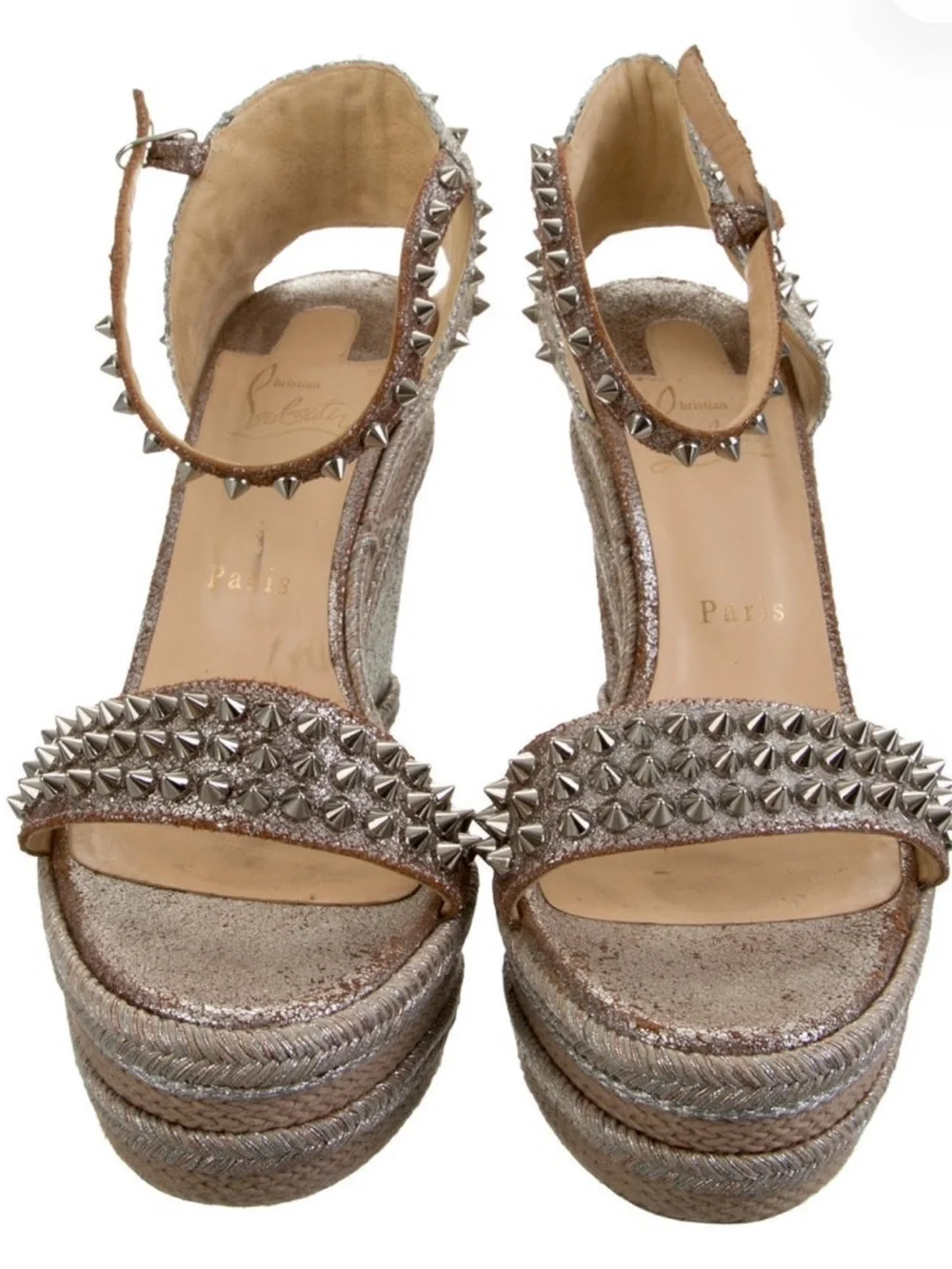 Christian Louboutin Metallic Pink-Tan Studded Wedge Sandals